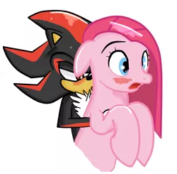 Size: 616x604 | Tagged: artist:kaiamurosesei, blushing, crossover, crossover shipping, derpibooru import, female, hug, imminent kissing, interspecies, kissing, love, male, pinkamena diane pie, pinkie pie, safe, shadow the hedgehog, shadpie, shipping, sonic the hedgehog (series), straight