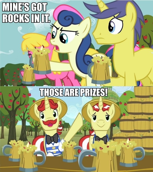 Size: 852x960 | Tagged: safe, derpibooru import, edit, edited screencap, screencap, bon bon, cherry berry, comet tail, flam, flim, sweetie drops, the super speedy cider squeezy 6000, apple, apple tree, bon bon is not amused, cider, cider mug, comic, cute, flamabetes, flim flam brothers, image macro, mine's got rocks in it, mug, rock, simpsons did it, sweet apple acres, the simpsons, tree