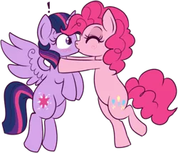 Size: 449x387 | Tagged: safe, artist:lulubell, derpibooru import, pinkie pie, twilight sparkle, twilight sparkle (alicorn), alicorn, pony, blushing, exclamation point, female, kissing, lesbian, mare, shipping, simple background, surprise kiss, transparent background, twinkie