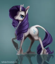 Size: 900x1042 | Tagged: safe, artist:aphelps, derpibooru import, rarity, classical unicorn, leonine tail, reflection, solo