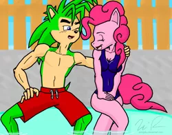 Size: 1601x1252 | Tagged: anthro, artist:sonigoku, background pony strikes again, clothes, commission, crossover, crossover shipping, derpibooru import, female, interspecies, male, manic the hedgehog, muscles, one-piece swimsuit, pinkie pie, safe, shipping, sonic the hedgehog (series), sonic underground, straight, swimsuit