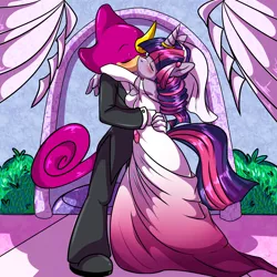 Size: 2000x2000 | Tagged: anthro, artist:moneychan, blushing, clothes, commission, crossover, crossover shipping, derpibooru import, dress, espio the chameleon, female, hug, interspecies, kissing, love, male, safe, shipping, sonic the hedgehog (series), straight, tuxedo, twilight sparkle, wedding, wedding dress