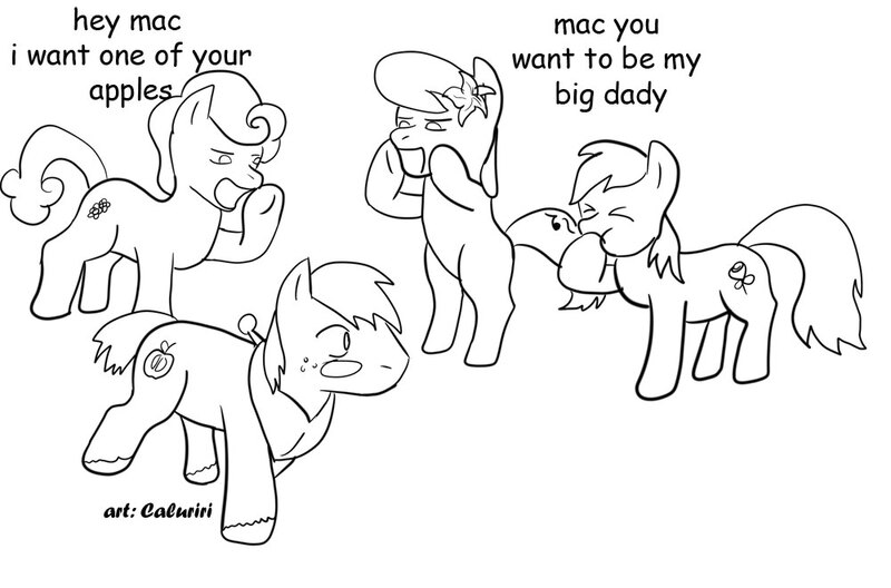 Size: 1000x660 | Tagged: safe, artist:caluriri, derpibooru import, big macintosh, daisy, flower wishes, lily, lily valley, roseluck, earth pony, pony, big macintosh gets all the mares, cat calling, lilymac, male, rosemac, sexism, shipping, stallion, straight, whistling