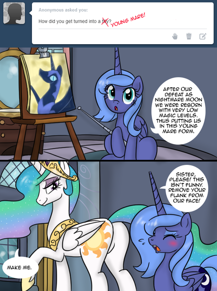 Size: 645x863 | Tagged: artist:pijinpyon, ask, ask little luna, bedroom eyes, blushing, derpibooru import, featureless crotch, nightmare moon, plot, princess celestia, princess luna, s1 luna, suggestive, sunbutt, teasing, trollestia, tumblr