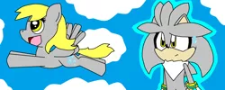 Size: 2218x888 | Tagged: safe, artist:silverfan95, derpibooru import, derpy hooves, pegasus, pony, cloud, cloudy, crossover, female, flying, mare, ms paint, silver the hedgehog, sonic the hedgehog (series)