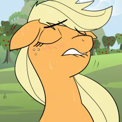 Size: 500x500 | Tagged: suggestive, artist:reiduran, derpibooru import, applejack, earth pony, pony, blushing, eyes closed, female, floppy ears, lip bite, mare, not porn, nut, orchard, reaction image, shivering, solo, solo female, sweat, sweet apple acres, unf