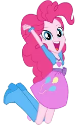 Size: 304x492 | Tagged: safe, derpibooru import, pinkie pie, equestria girls, balloon, boots, bracelet, clothes, dash for the crown, equestria girls prototype, game, happy, high heel boots, jewelry, jumping, skirt, solo