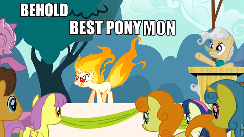 Size: 886x498 | Tagged: behold, best pony, bon bon, caramel, carrot top, derpibooru import, edit, edited screencap, fire head, golden harvest, image macro, lemon hearts, mane of fire, mayor mare, meme, pokémon, ponymon, rapidash, rapidash twilight, safe, screencap, sweetie drops, the last roundup, twilight sparkle