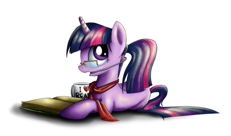 Size: 1100x648 | Tagged: safe, artist:xioade, derpibooru import, twilight sparkle, pony, unicorn, adorkable, alternate hairstyle, book, braces, clothes, coffee mug, cute, dork, female, glasses, looking back, lying down, mare, mug, ponytail, retainer, scarf, simple background, solo, transparent background