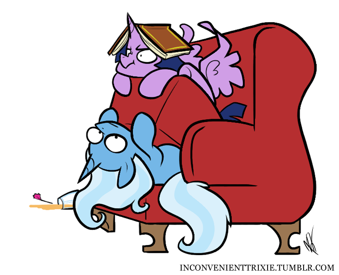 Size: 698x568 | Tagged: safe, artist:egophiliac, derpibooru import, trixie, twilight sparkle, twilight sparkle (alicorn), alicorn, pony, unicorn, tumblr:inconvenient trixie, armchair, book, chair, duo, female, inconvenient trixie, mare, scrunchy face, simple background, tumblr, twilight is not amused, unamused, white background, woonoggles