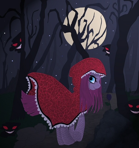 Size: 600x640 | Tagged: artist:elisabethianna, derpibooru import, little red riding hood, moon, night, pinkamena diane pie, pinkie pie, safe