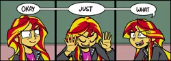 Size: 967x346 | Tagged: safe, artist:zicygomar, derpibooru import, edit, sunset shimmer, equestria girls, clothes, comic, cropped, dialogue, eyes closed, female, open mouth, reaction image, smiling, solo, speech bubble, wat