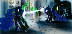 Size: 1420x688 | Tagged: artist:spacehunt, canterlot, castle, changeling, derpibooru import, disguise, duel, fight, hall, magic, night, princess, princess luna, queen, queen chrysalis, safe