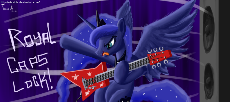 Size: 1680x743 | Tagged: safe, artist:aerostheunsure, derpibooru import, princess luna, pony, bipedal, canterlock, electric guitar, guitar, hoof hold, musical instrument, open mouth, royal caps lock, smirk, solo, speaker, spread wings, tongue out