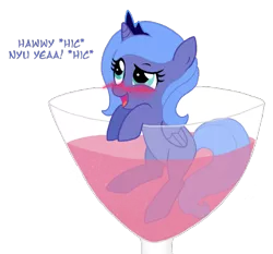 Size: 602x562 | Tagged: safe, artist:flausch-katzerl, derpibooru import, princess luna, pony, blushing, cup of pony, cute, drunk, filly, glass, micro, new year, s1 luna, solo, underaged drinking, wine, woona, younger