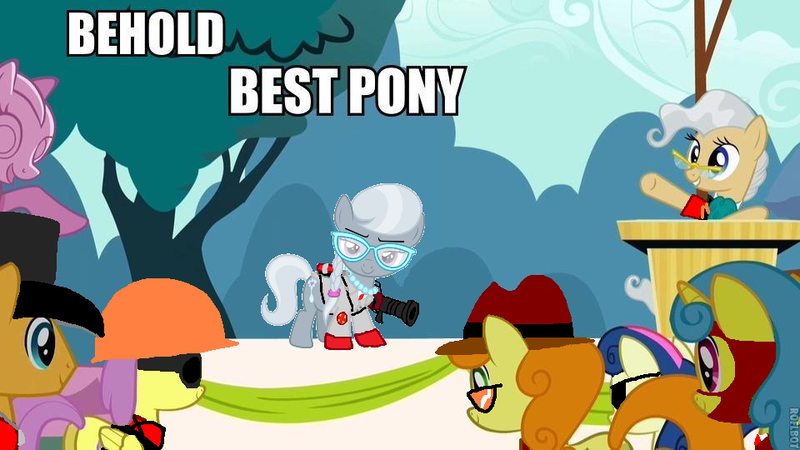 Size: 960x540 | Tagged: 1000 hours in ms paint, behold, best pony, bon bon, caramel, carrot top, demoman, derpibooru import, edit, edited screencap, engineer, golden harvest, heavy, lemon hearts, mayor mare, medic, ms paint, safe, scout, screencap, silver medic, silver spoon, sniper, spy, sweetie drops, team fortress 2, the last roundup