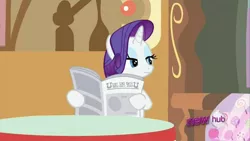 Size: 854x480 | Tagged: derpibooru import, foal free press, hubble, hub logo, newspaper, ponyville confidential, rarity, reaction image, safe, screencap, solo, stare