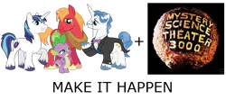 Size: 900x400 | Tagged: safe, derpibooru import, big macintosh, fancypants, shining armor, spike, earth pony, pony, exploitable meme, make it happen, male, meme, mystery science theater 3000, stallion