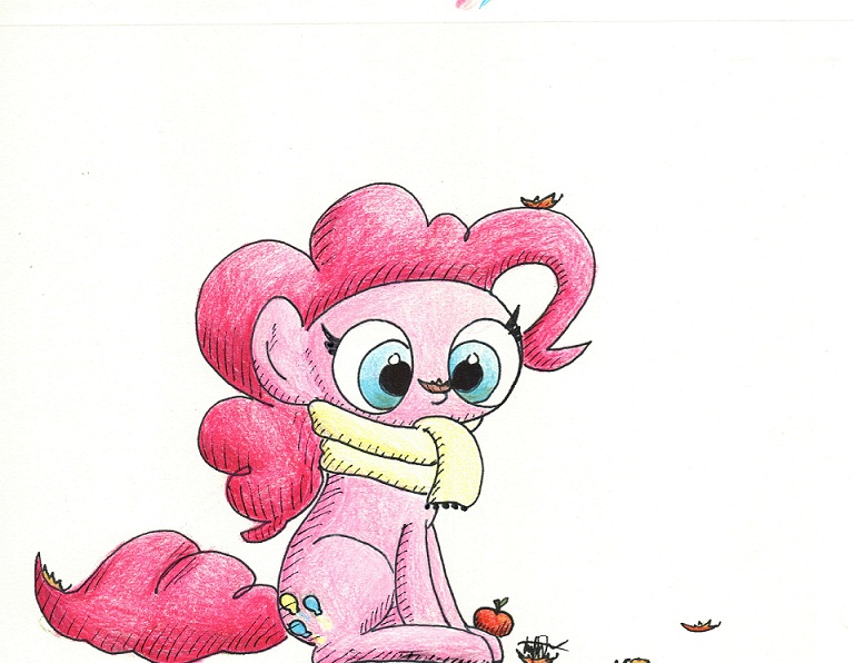 Size: 768x596 | Tagged: artist:getchanoodlewet, clothes, derpibooru import, leaves, pinkie pie, safe, scarf, sitting, solo, traditional art