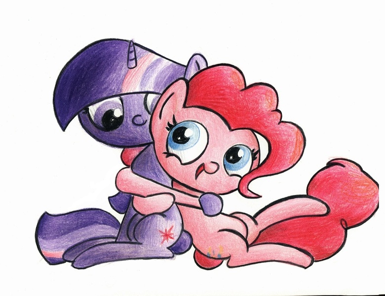 Size: 874x672 | Tagged: safe, artist:getchanoodlewet, derpibooru import, pinkie pie, twilight sparkle, female, hug, lesbian, shipping, sitting, traditional art, twinkie