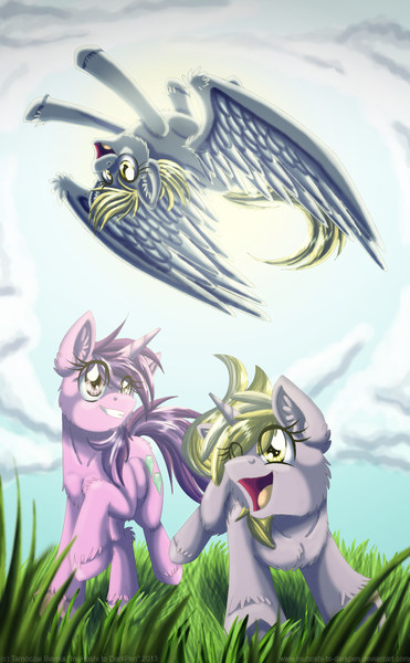 Size: 900x1455 | Tagged: safe, artist:inuhoshi-to-darkpen, derpibooru import, amethyst star, derpy hooves, dinky hooves, pegasus, pony, fanfic:the life and times of a winning pony, winningverse, equestria's best mother, female, fluffy, flying, grin, happy, mare, open mouth, running, sky, smiling, spread wings, unshorn fetlocks, upside down, wink