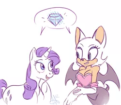 Size: 500x435 | Tagged: safe, artist:skippyrip, derpibooru import, rarity, anthro, bat, pony, unicorn, anthro with ponies, breasts, crossover, diamond, duo, female, furry, pictogram, rouge the bat, simple background, sonic the hedgehog (series), speech bubble, white background