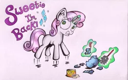 Size: 2468x1541 | Tagged: safe, artist:inky-draws, derpibooru import, sweetie belle, pony, unicorn, broken, cross-popping veins, female, filly, glue, implied rarity, repairing, solo, surprised, teapot, traditional art, wide eyes
