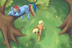 Size: 1125x750 | Tagged: safe, artist:kallarmo, derpibooru import, applejack, rainbow dash, pony, duo, female, image, looking at someone, mare, one eye closed, png, tree, vertigo