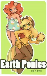 Size: 2324x3781 | Tagged: anthro, applejack, armpits, artist:dahliabee, breasts, chaps, clothes, derpibooru import, panties, pasties, pinkie pie, suggestive, underwear