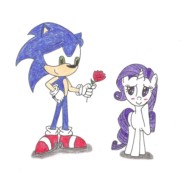 Size: 1494x1415 | Tagged: artist:shadow051, blushing, crossover, crossover shipping, interspecies, love, rarisonic, rarity, rose, safe, shipping, sonic the hedgehog, sonic the hedgehog (series), traditional art