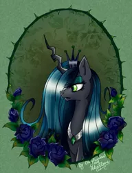 Size: 463x604 | Tagged: artist:crazyrainbow0, artist:helenflame, changeling, changeling queen, derpibooru import, female, portrait, queen chrysalis, rose, safe, solo