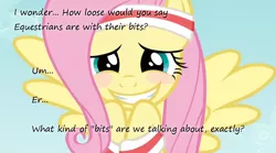 Size: 1018x567 | Tagged: bits, blushing, blush sticker, derpibooru import, edit, edited screencap, embarrassed, female, fluttershy, headband, hurricane fluttershy, insane pony thread, screencap, solo, solo female, suggestive, sweatband, text, tumblr