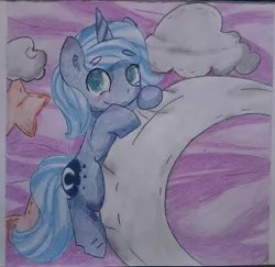 Size: 1556x1515 | Tagged: artist:fluttershy1502, crescent moon, derpibooru import, filly, moon, princess luna, s1 luna, safe, solo, tangible heavenly object, traditional art, woona