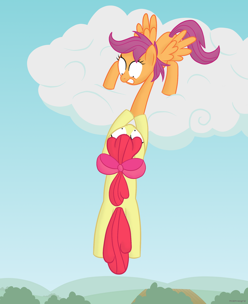 Size: 1777x2176 | Tagged: apple bloom, artist:moemneop, cloud, dangling, derpibooru import, female, filly, hanging on, holding, holding on, hoof hold, looking down, looking up, safe, scootaloo, shrunken pupils, spread wings, wings