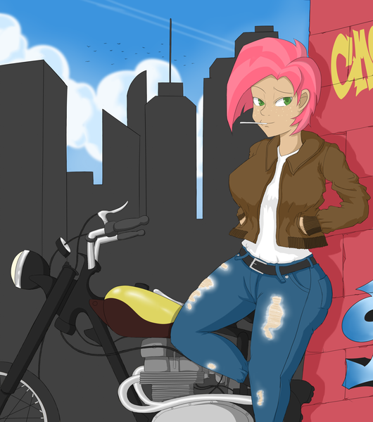Size: 4500x5094 | Tagged: absurd resolution, artist:janji009, babs seed, breasts, busty babs seed, city, derpibooru import, female, humanized, motorcycle, older, safe, solo