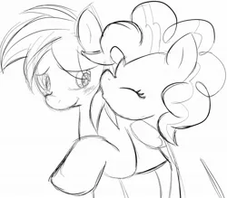 Size: 1073x939 | Tagged: safe, artist:sweethd, derpibooru import, pinkie pie, rainbow dash, female, lesbian, monochrome, pinkiedash, shipping, sketch