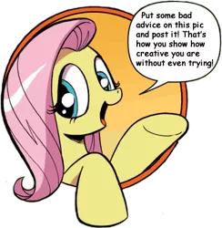 Size: 421x431 | Tagged: safe, derpibooru import, fluttershy, pegasus, pony, bad advice fluttershy, dialogue, exploitable meme, female, good advice fluttershy, irony, mare, meme, meta, open mouth, self deprecation, simple background, solo, transparent background