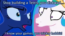 Size: 845x475 | Tagged: derpibooru import, image macro, princess celestia, princess luna, safe, screencap, tetris, the freelance astronauts, two best sisters play, vulgar