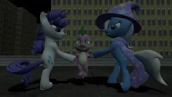 Size: 1280x720 | Tagged: safe, artist:gmodspikeplz, derpibooru import, rarity, spike, trixie, 3d, angry, city, cityscape, female, fight, gmod, male, rooftop, scared, shipping, sparity, spike gets all the mares, spixie, straight