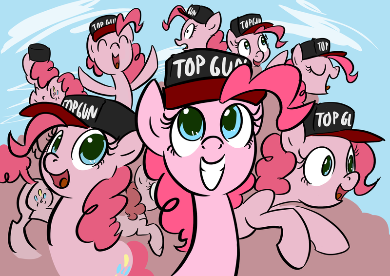 Size: 2356x1668 | Tagged: artist:derkrazykraut, baseball cap, derpibooru import, edit, fun fun fun, hat, pinkie pie, safe, top gun