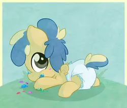 Size: 1098x929 | Tagged: safe, artist:cuddlehooves, derpibooru import, oc, oc:cobalt arrow, unofficial characters only, pony, baby, baby pony, crayons, cuddlehooves is trying to murder us, cute, diaper, filly, foal, poofy diaper, solo