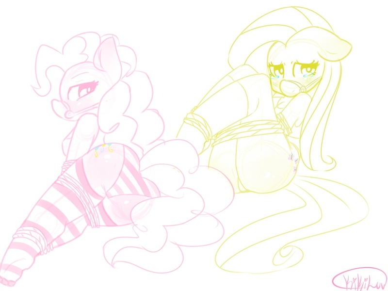 Size: 1024x768 | Tagged: anthro, artist:kikiluv17, bit gag, bondage, breasts, cleavage, clothes, derpibooru import, fluttershy, furry, gag, panties, pinkie pie, questionable, rope, sad, sexy, stockings, tanktop, the ass was fat, underwear