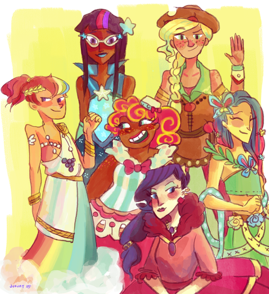 Size: 1280x1402 | Tagged: safe, artist:jununy, derpibooru import, applejack, fluttershy, pinkie pie, rainbow dash, rarity, twilight sparkle, blackwashing, clothes, colored, dress, gala dress, glasses, humanized, image, mane six, png