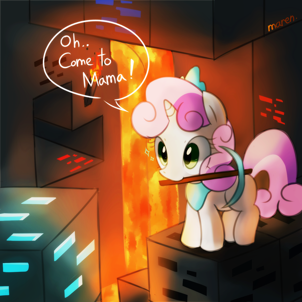 Size: 1500x1500 | Tagged: artist:maren, crossover, cute, derpibooru import, diamond, eyes on the prize, game, lava, minecraft, mouth hold, pickaxe, pixiv, safe, smiling, solo, sweetie belle, video game