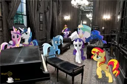 Size: 3650x2433 | Tagged: safe, artist:wolfjava, derpibooru import, princess cadance, princess celestia, princess luna, rarity, sunset shimmer, trixie, twilight sparkle, pony, 12 grimmauld place, crossover, harry potter, irl, lamp, order of the phoenix, photo, piano, ponies in real life, room, vector