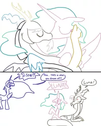 Size: 806x1014 | Tagged: safe, artist:the weaver, derpibooru import, discord, princess celestia, princess luna, caught, comic, dislestia, dream, dream walker luna, kissing, shipping, simple background, white background