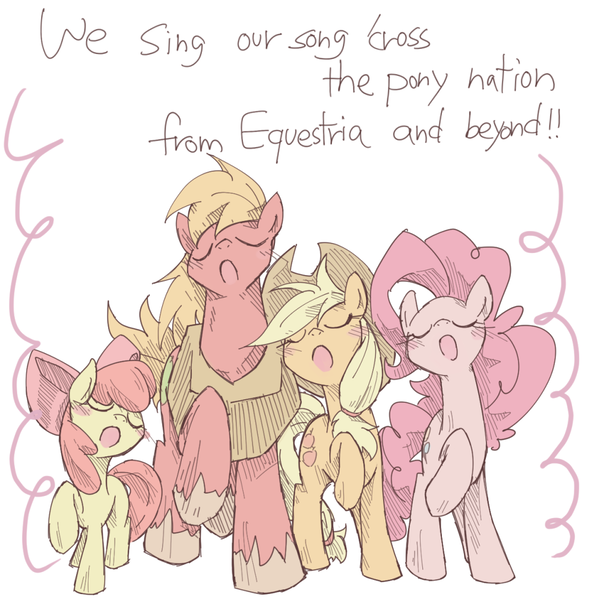 Size: 1000x1010 | Tagged: safe, artist:kolshica, derpibooru import, apple bloom, applejack, big macintosh, pinkie pie, earth pony, pony, pinkie apple pie, season 4, apples to the core, blushing, male, singing, stallion