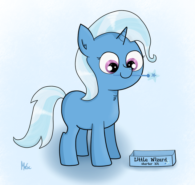 Size: 1024x971 | Tagged: safe, artist:mascimus, derpibooru import, trixie, pony, unicorn, birthday, cute, daaaaaaaaaaaw, female, filly, hnnng, mare, mouth hold, present, solo, wand