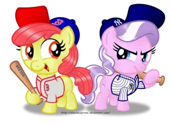 Size: 1024x740 | Tagged: apple bloom, artist:aleximusprime, baseball, baseball bat, baseball cap, boston red sox, derpibooru import, diamond tiara, hat, mlb, new york yankees, safe, simple background, transparent background