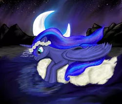 Size: 1024x874 | Tagged: safe, artist:kindlingsweet, derpibooru import, princess luna, cloud, moon, night, rose, smiling, solo